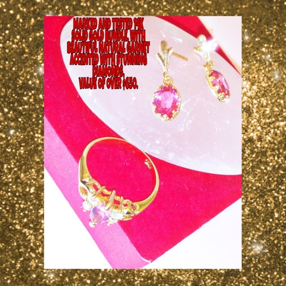 14k SOLID GOLD ENSEMBLE WITH GARNET AND DIAMONDS - Picture 3 of 8